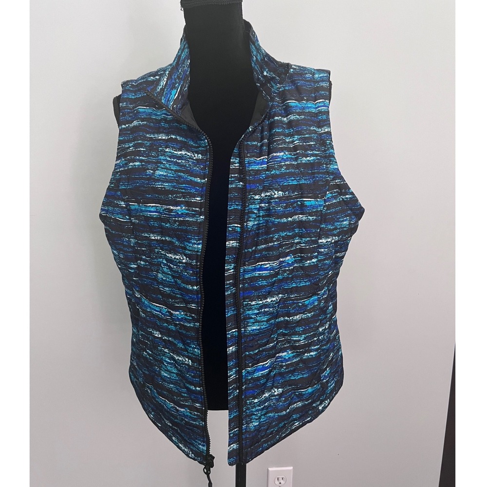 Exertek Womens XL Quilted Puffer Vest Blue Black Abstract Full Zip Mock Neck